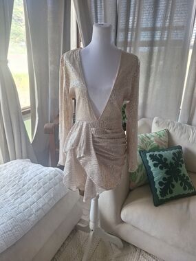 chic Champagne Sequin Deep V Mini Dress